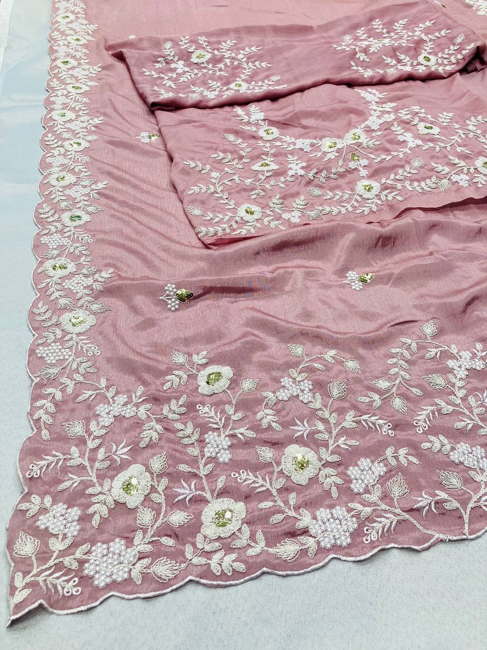 Baby Pink Color Pure Chinon Silk Embroidery Work Saree - Image 4