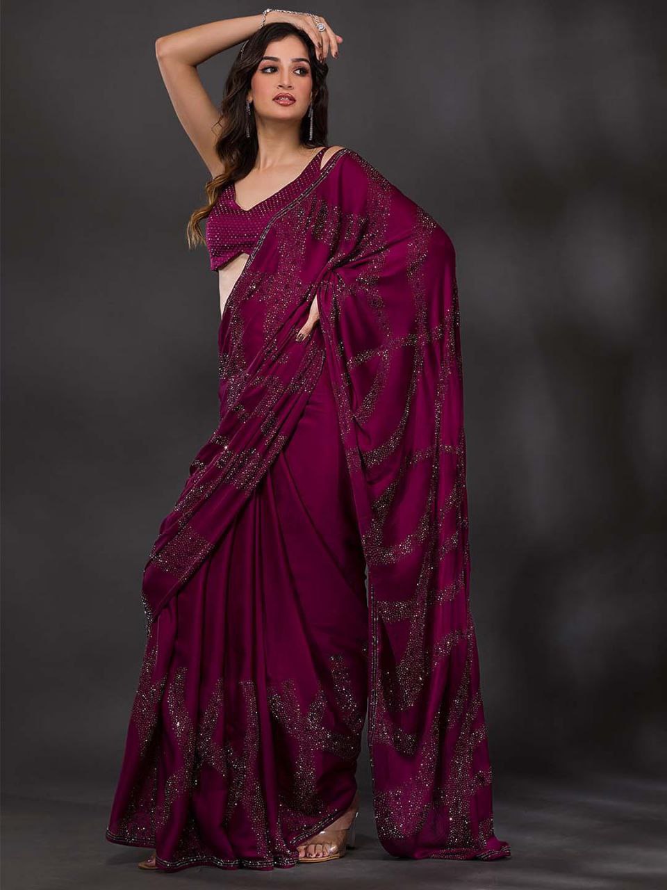 Wine Swarovski Semi Crepe Designer Saree