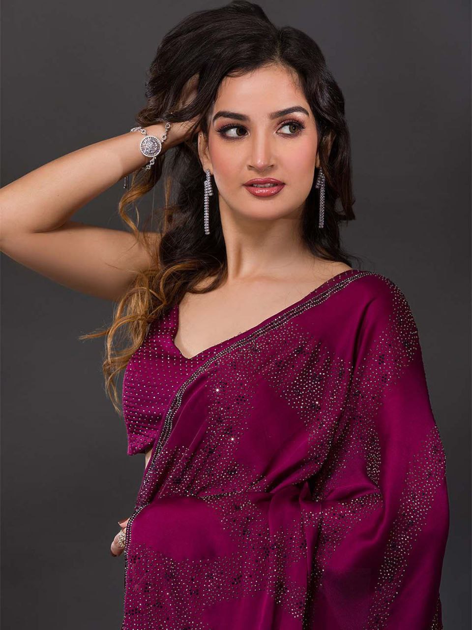 Wine Swarovski Semi Crepe Designer Saree - Image 3