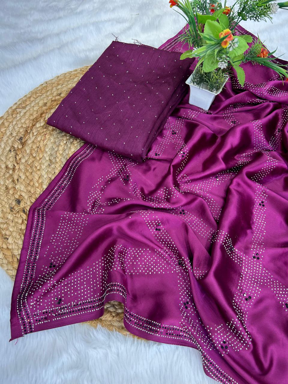 Wine Swarovski Semi Crepe Designer Saree - Image 10