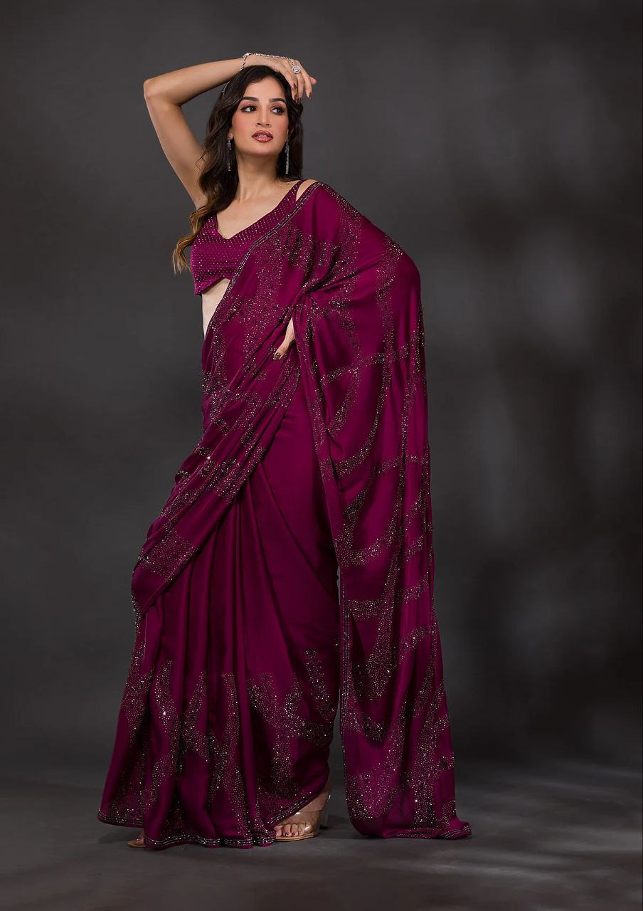 Wine Swarovski Semi Crepe Designer Saree - Image 8