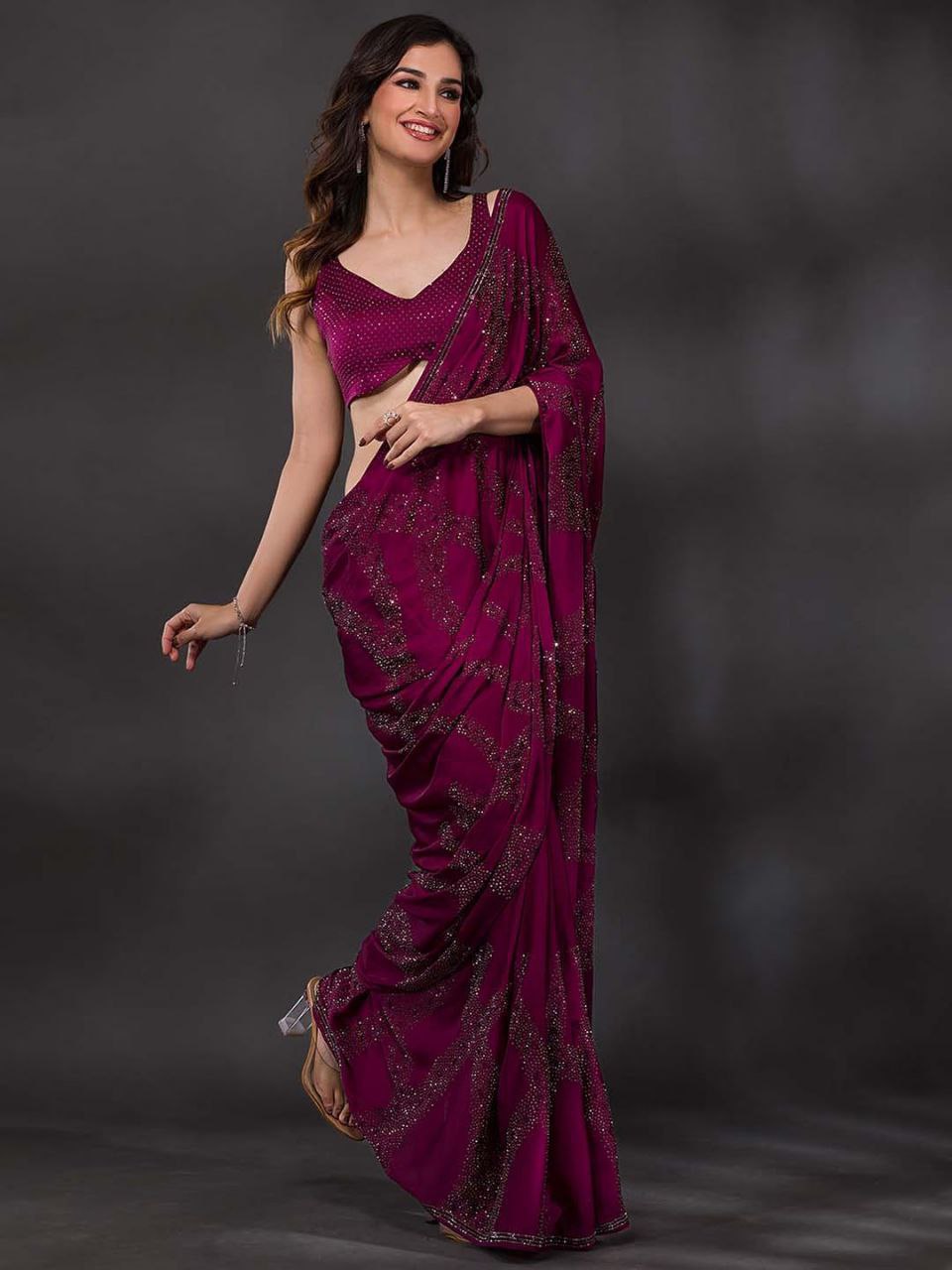 Wine Swarovski Semi Crepe Designer Saree - Image 4