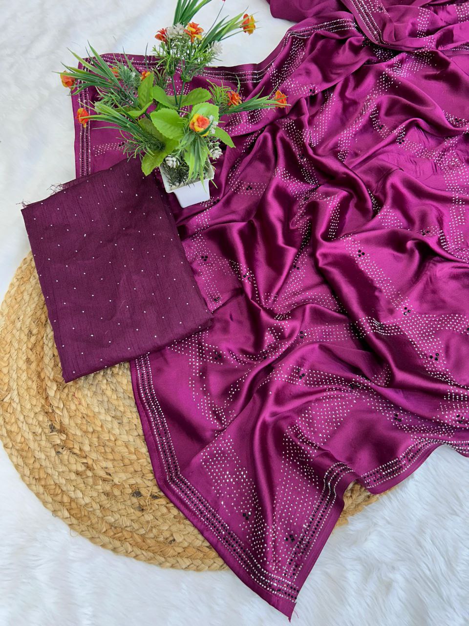 Wine Swarovski Semi Crepe Designer Saree - Image 7