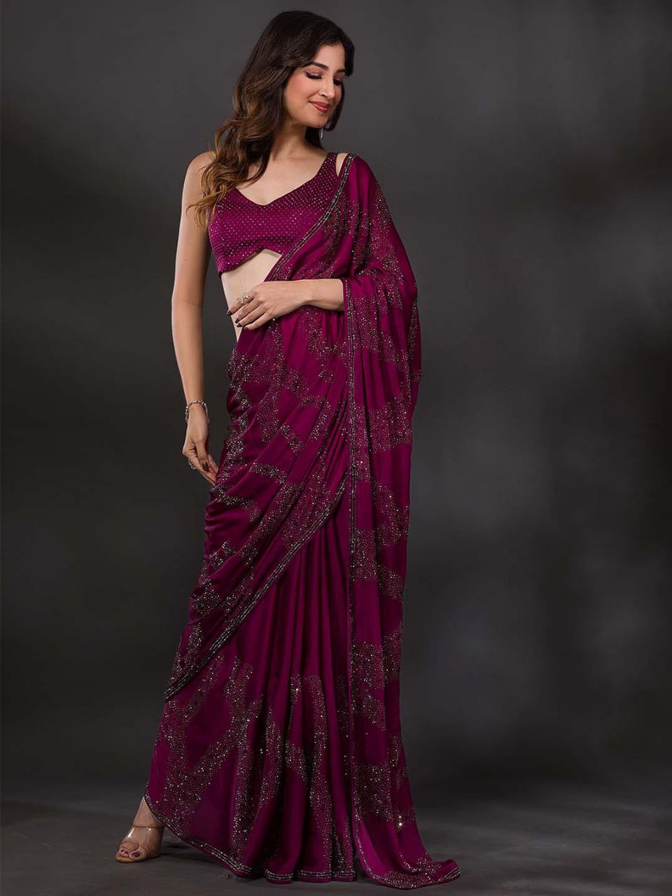 Wine Swarovski Semi Crepe Designer Saree - Image 2