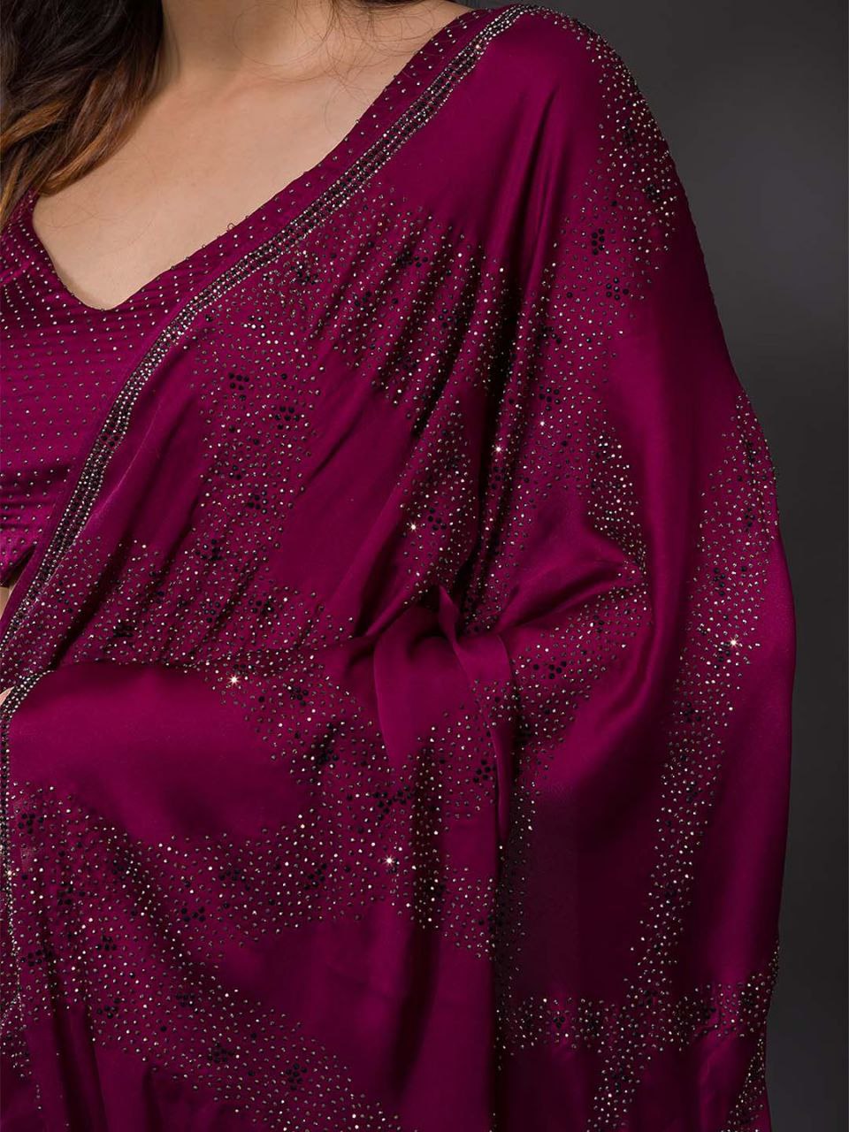 Wine Swarovski Semi Crepe Designer Saree - Image 9
