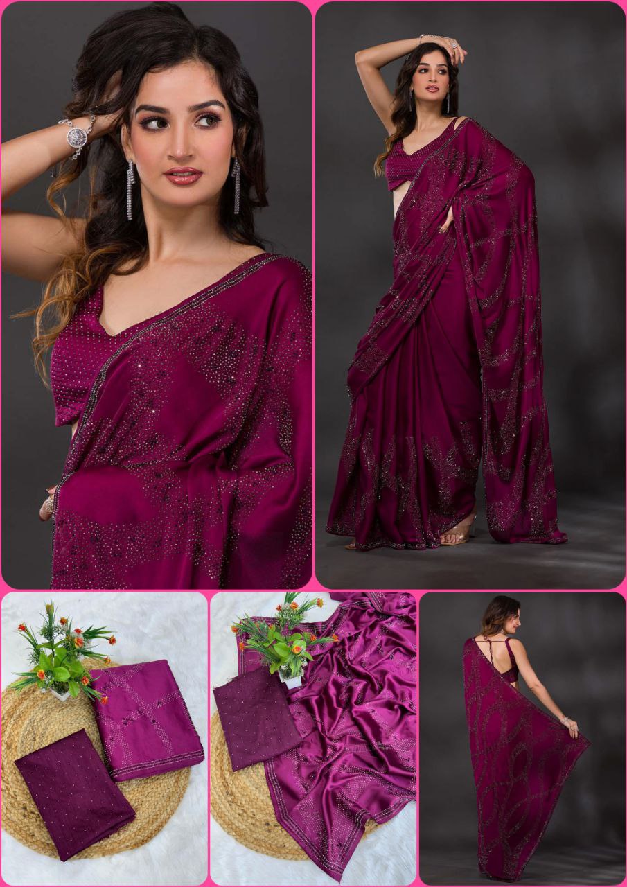 Wine Swarovski Semi Crepe Designer Saree - Image 6