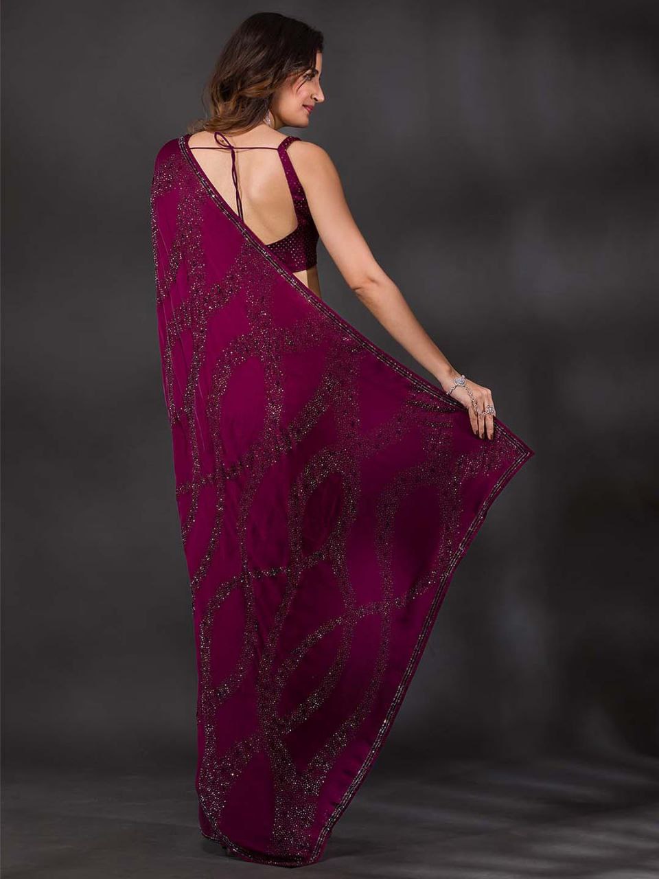 Wine Swarovski Semi Crepe Designer Saree - Image 5