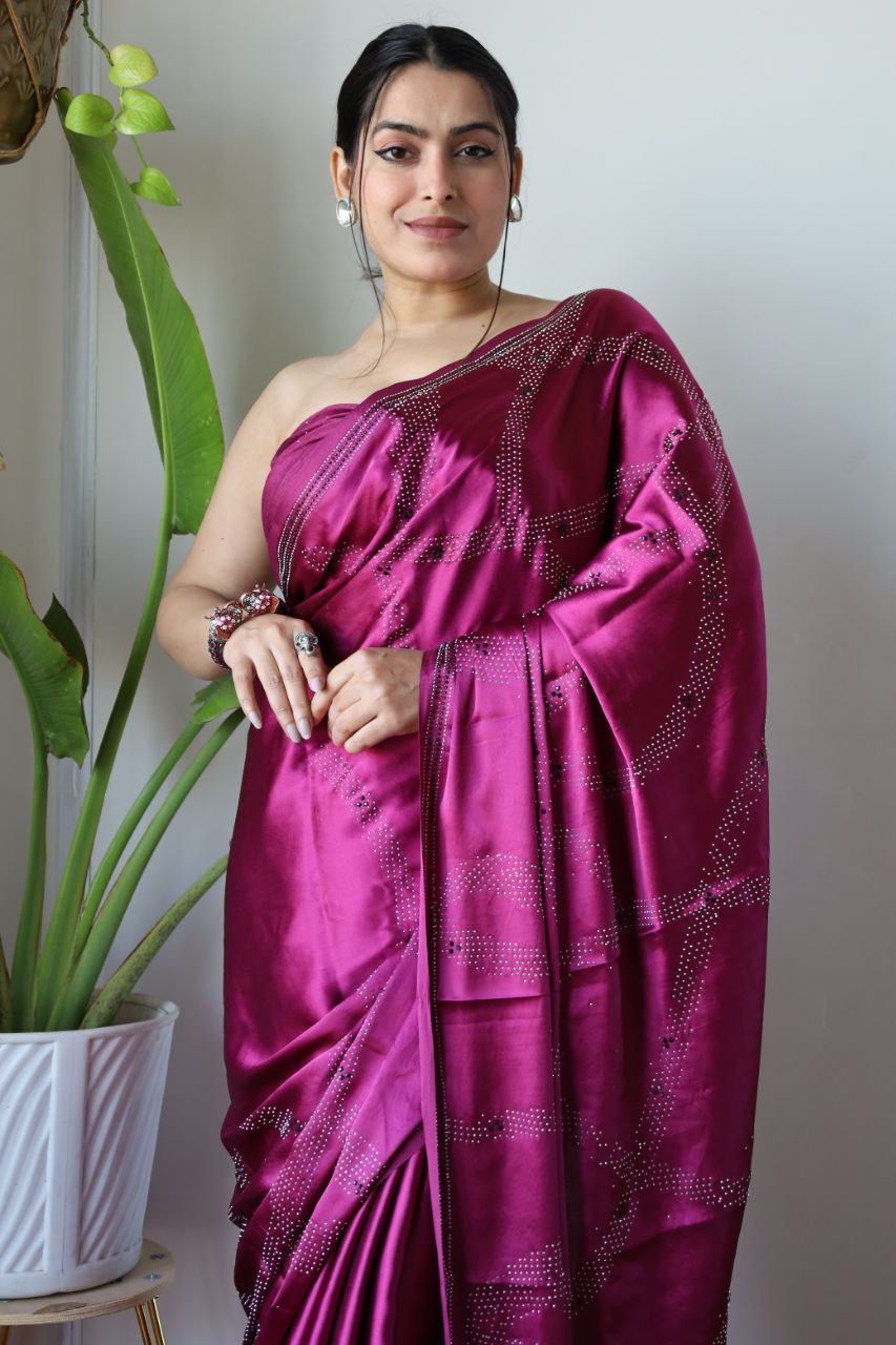 Satin Silk Wine Colour Saree Poly Crape Beautiful Designer Siroshki Diamond on Body and Border Saree - Image 5