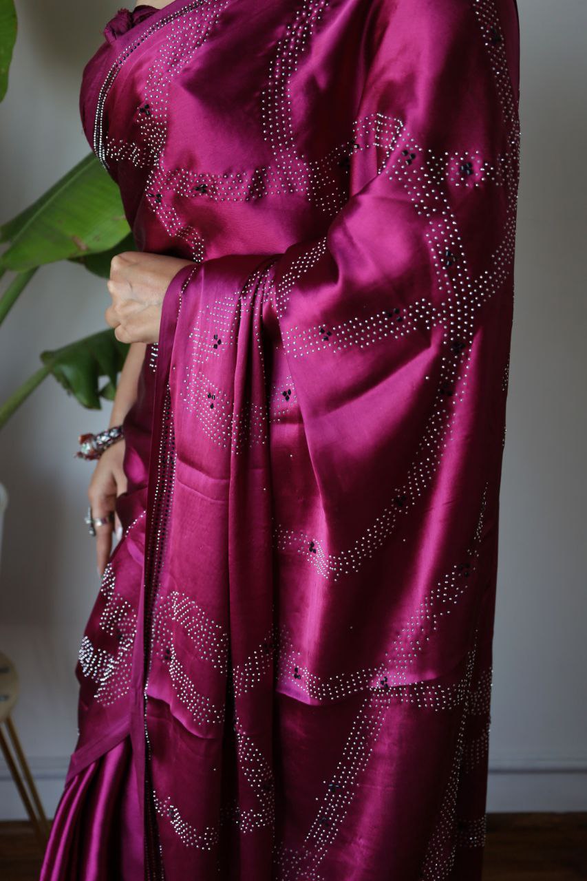 Satin Silk Wine Colour Saree Poly Crape Beautiful Designer Siroshki Diamond on Body and Border Saree - Image 3