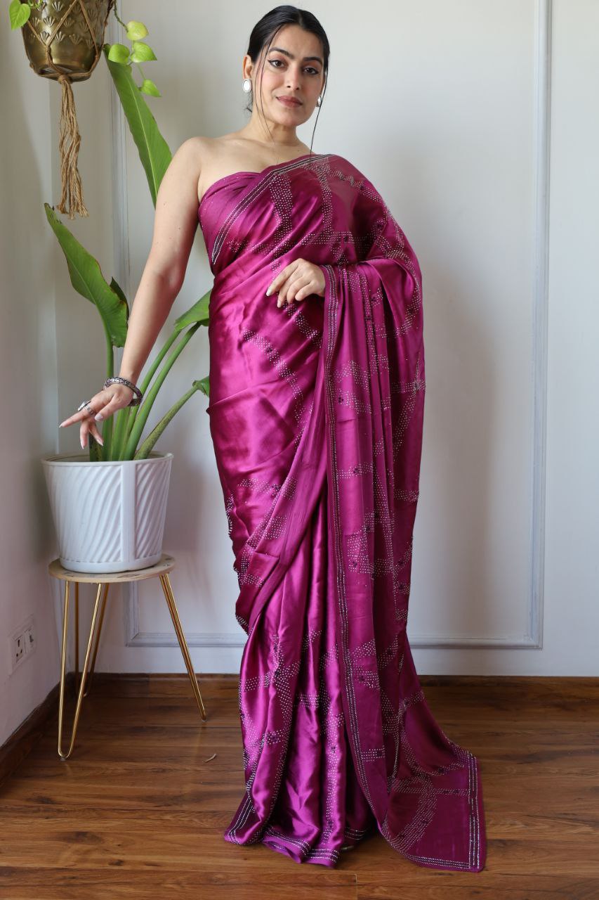 Satin Silk Wine Colour Saree Poly Crape Beautiful Designer Siroshki Diamond on Body and Border Saree - Image 2