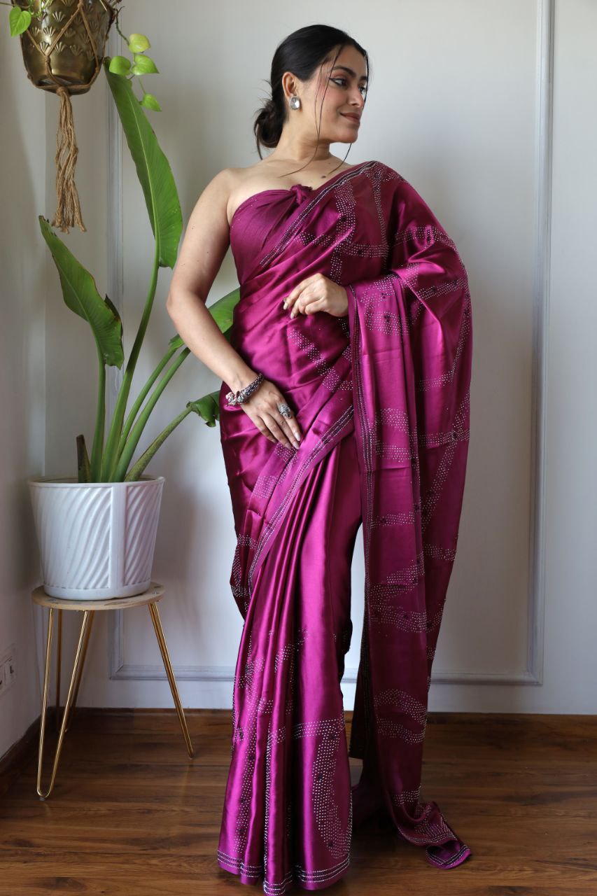 Satin Silk Wine Colour Saree Poly Crape Beautiful Designer  Siroshki Diamond on Body and Border Saree
