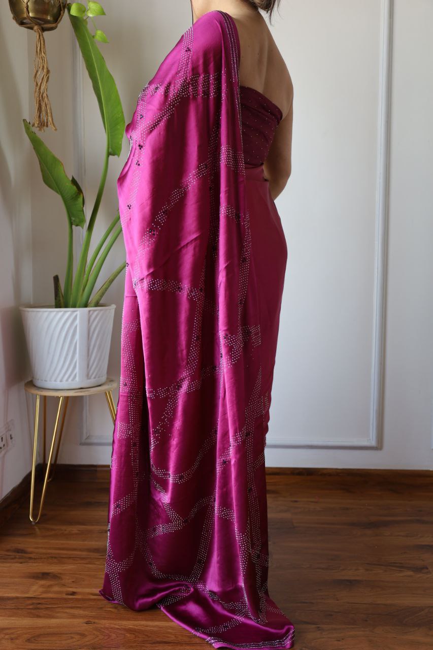 Satin Silk Wine Colour Saree Poly Crape Beautiful Designer Siroshki Diamond on Body and Border Saree - Image 4