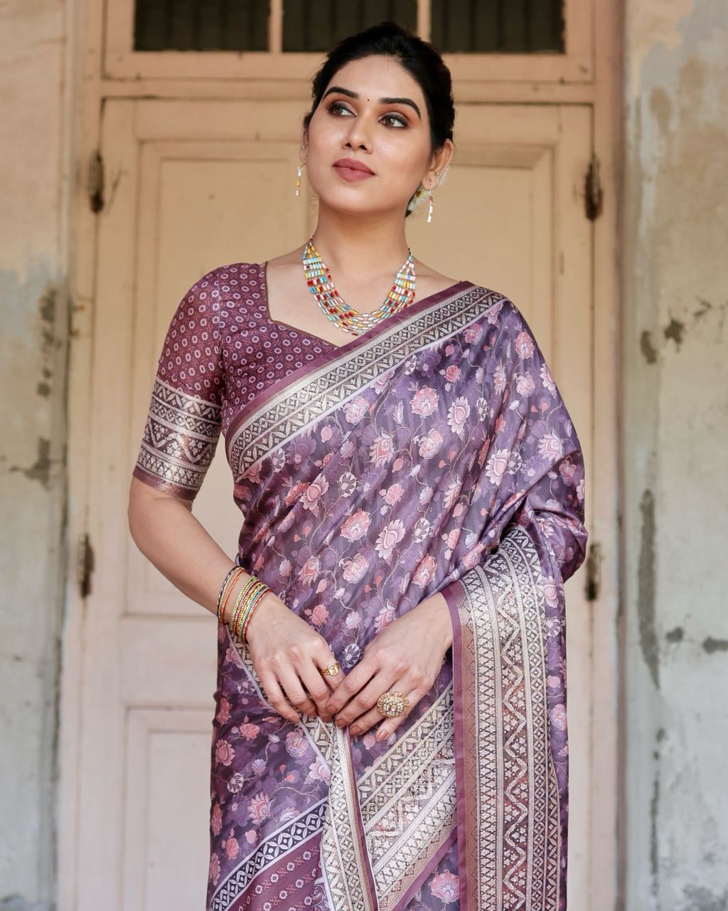 Pure Silk Saree With Digital Print and Blouse in Wine Indian Silk Saree - Image 4