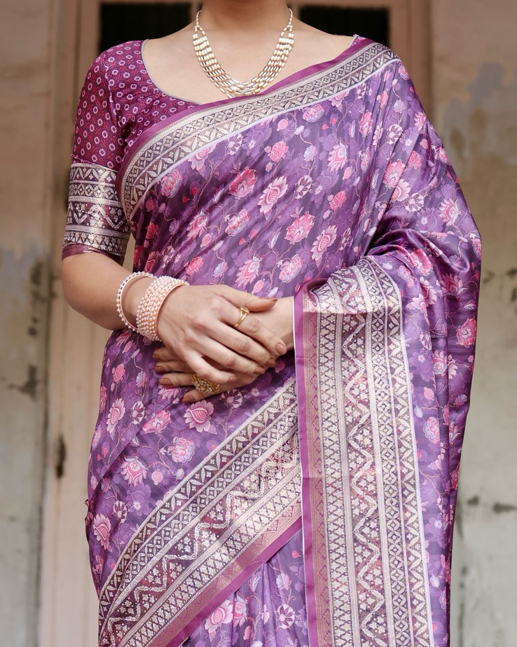 Pure Silk Saree With Digital Print and Blouse in Purple Indian Silk Saree - Image 3