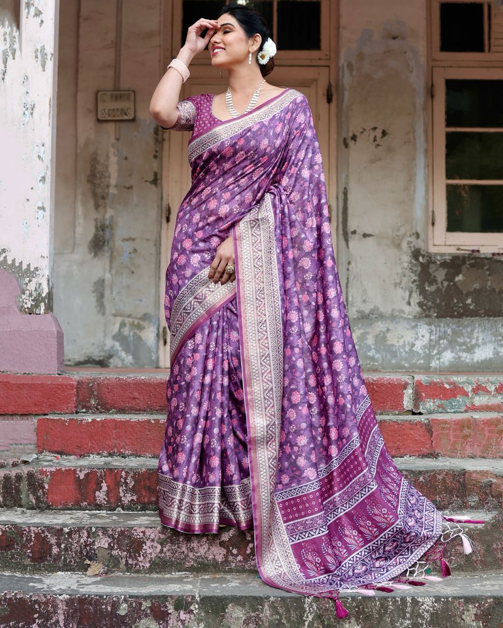 Pure Silk Saree With Digital Print and Blouse in Purple Indian Silk Saree - Image 5