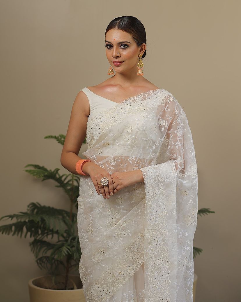 Pure soft Off-white silk organza saree - Image 11