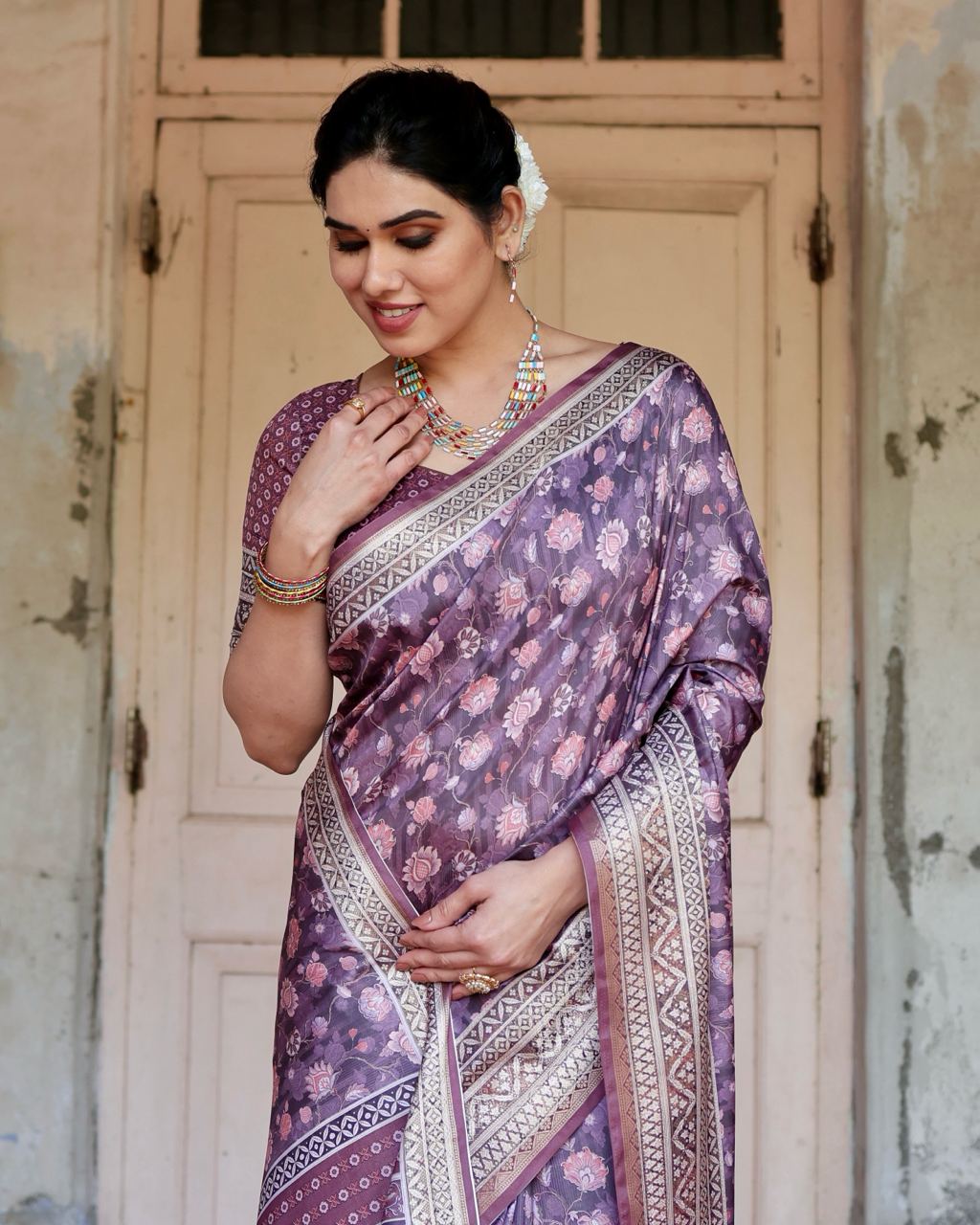 Pure Silk Saree With Digital Print and Blouse in Wine Indian Silk Saree - Image 5