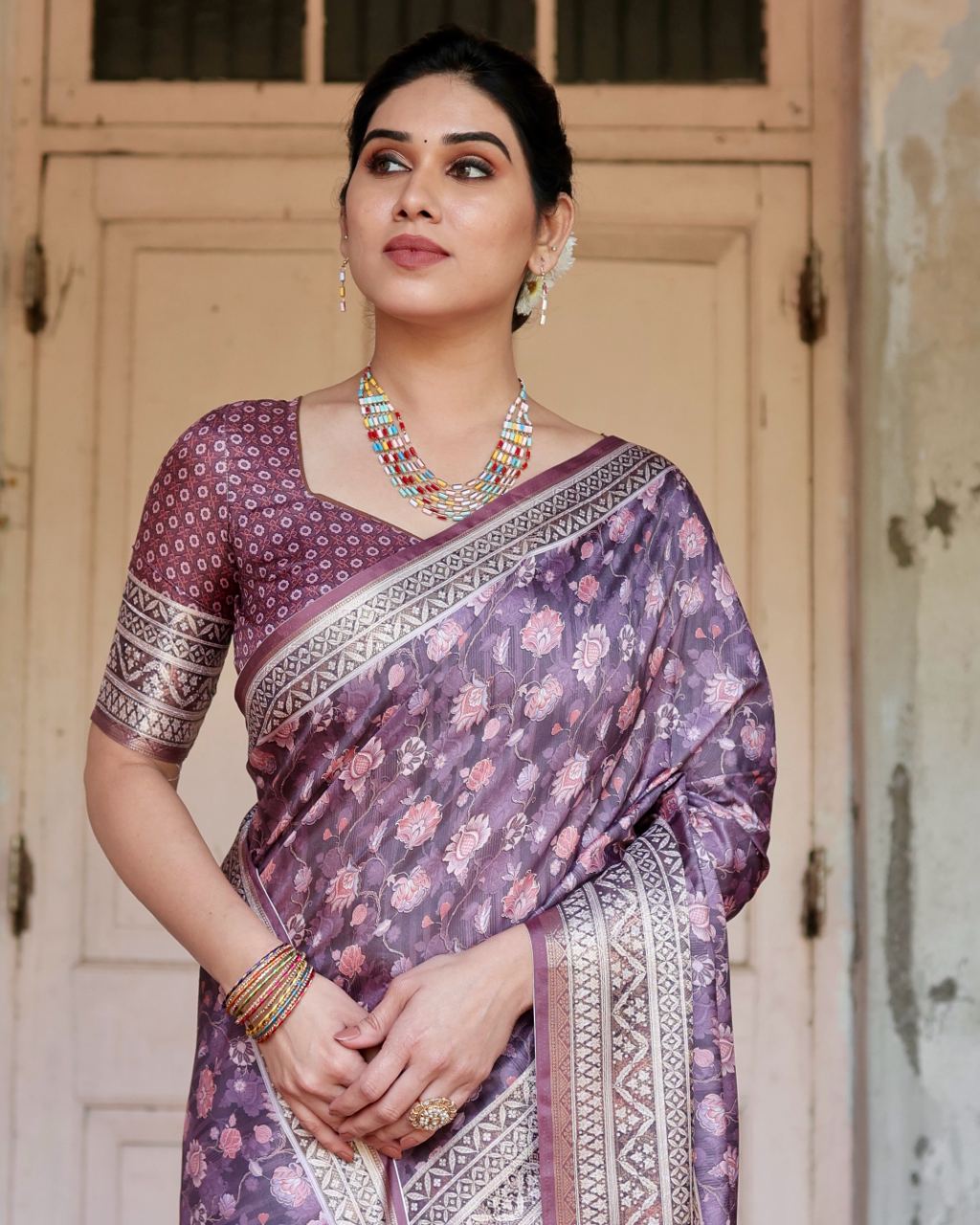 Pure Silk Saree With Digital Print and Blouse in Wine Indian Silk Saree - Image 2