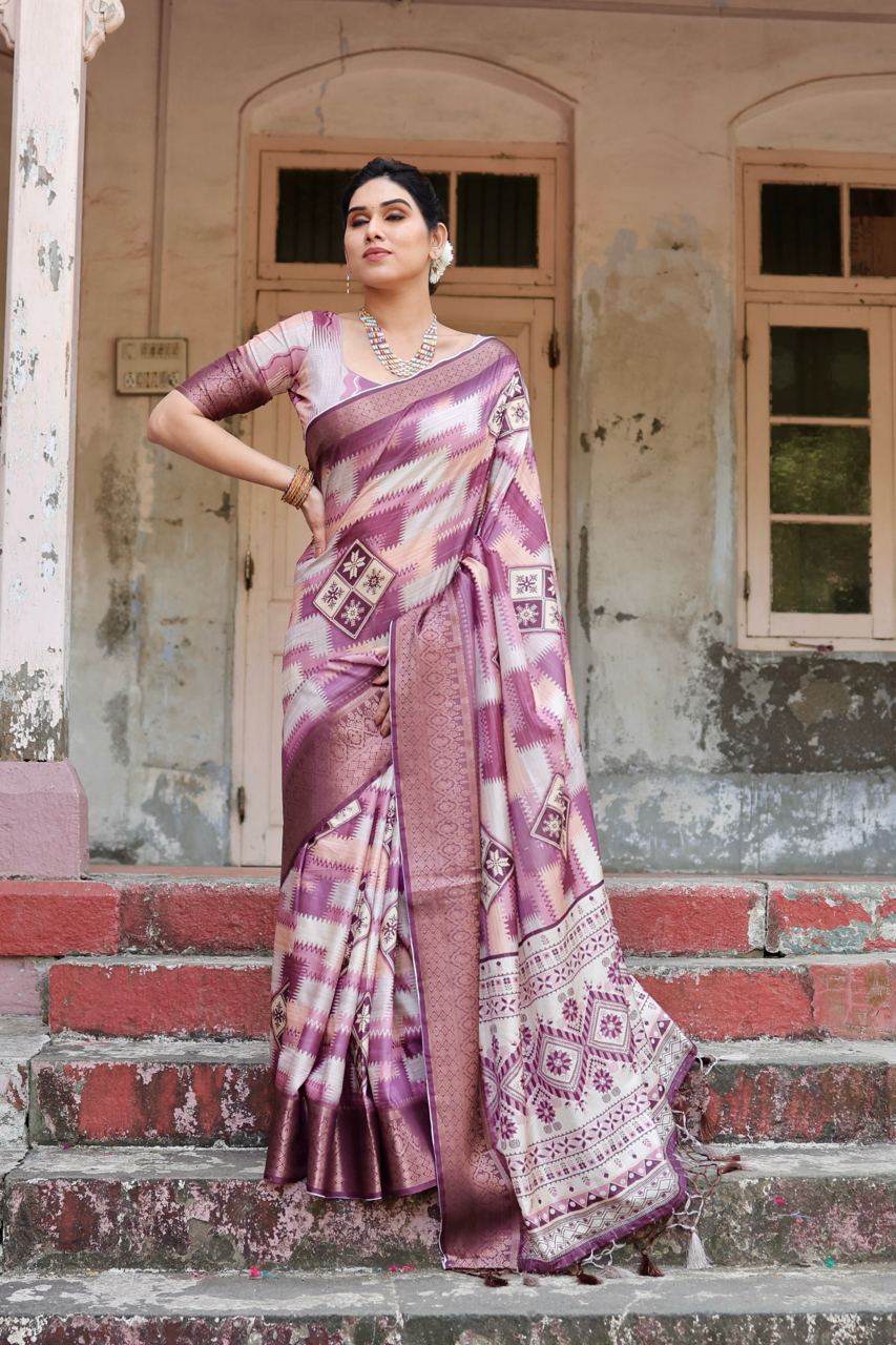 Wine Color Digital Print Dolla Silk Party Wear Ethnic Saree With Blouse - Image 7