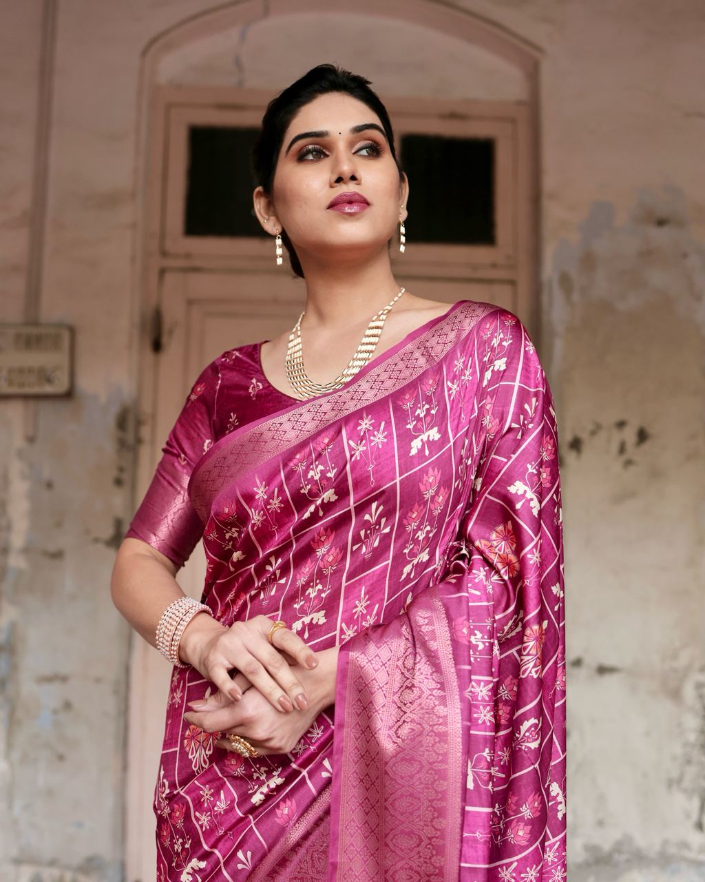 Rani Color Pure Silk Digital Printed Party Wear Saree - Image 3