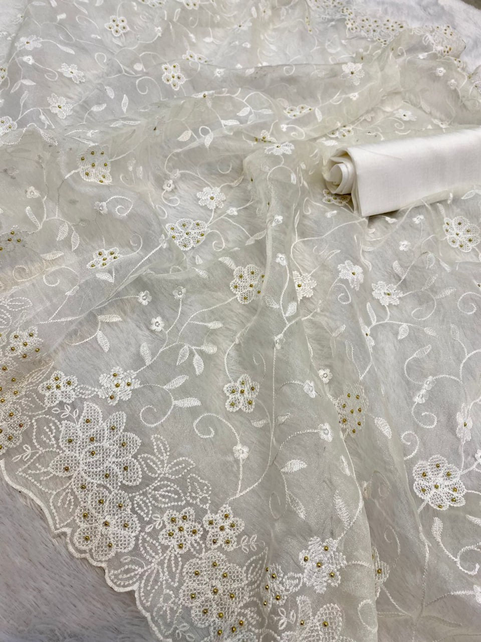 Pure soft Off-white silk organza saree - Image 3