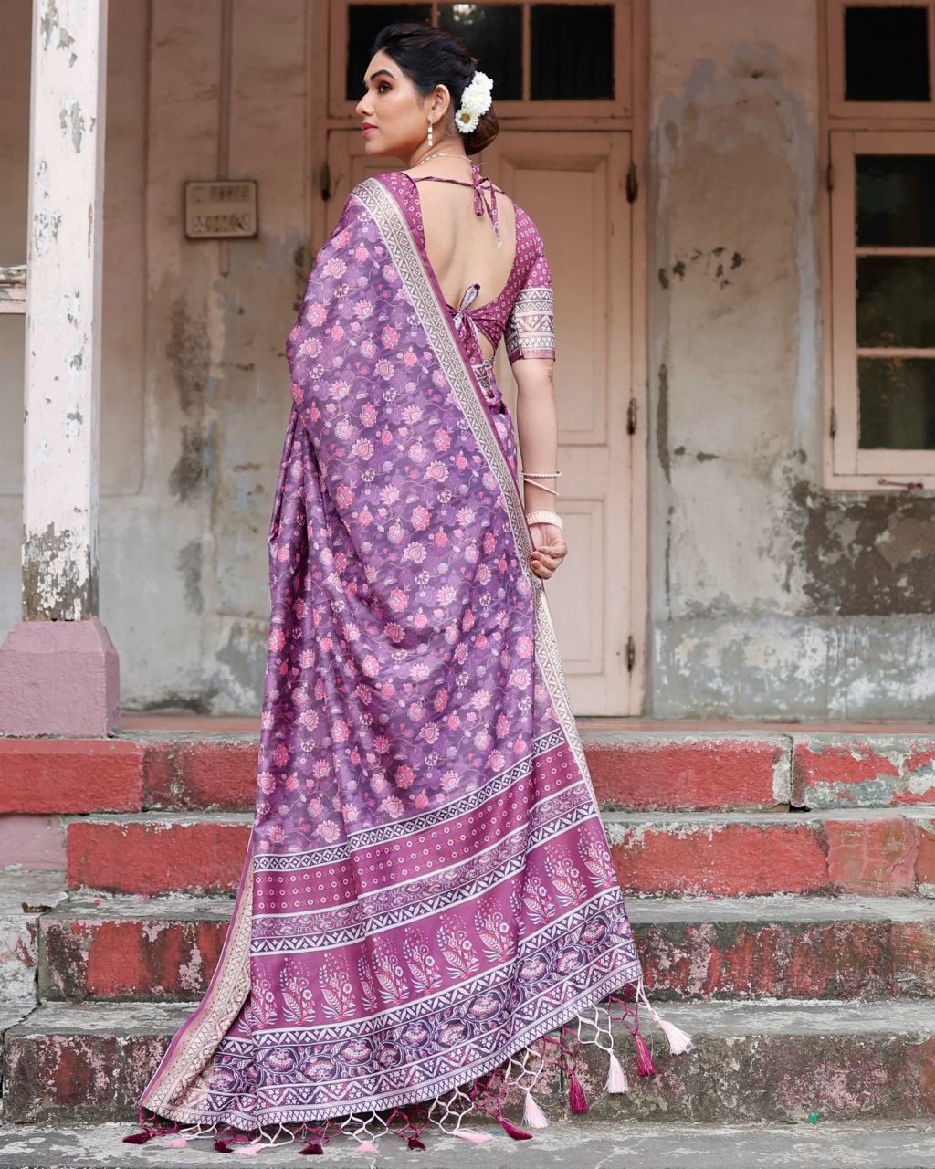 Pure Silk Saree With Digital Print and Blouse in Purple Indian Silk Saree - Image 6