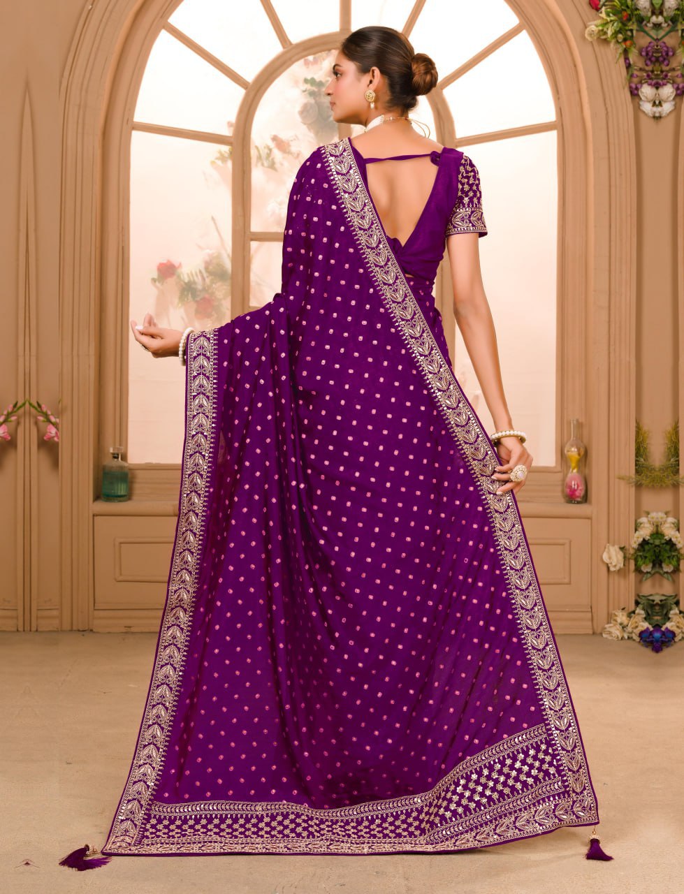 WINE COLOUR ZARI SEQUENCE WORK DESIGNER SAREE WITH BLOUSE - Image 6