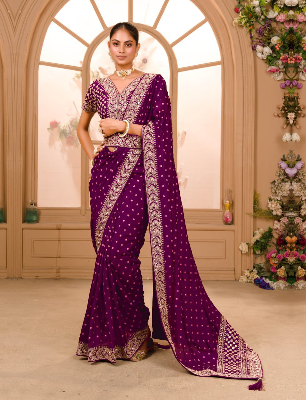 WINE COLOUR ZARI SEQUENCE WORK DESIGNER SAREE WITH BLOUSE - Image 7
