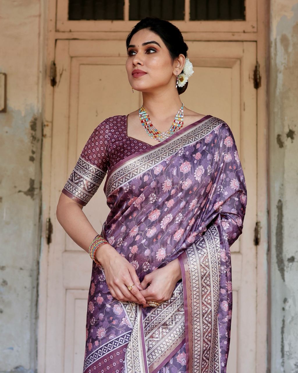 Pure Silk Saree With Digital Print and Blouse in Wine Indian Silk Saree - Image 3