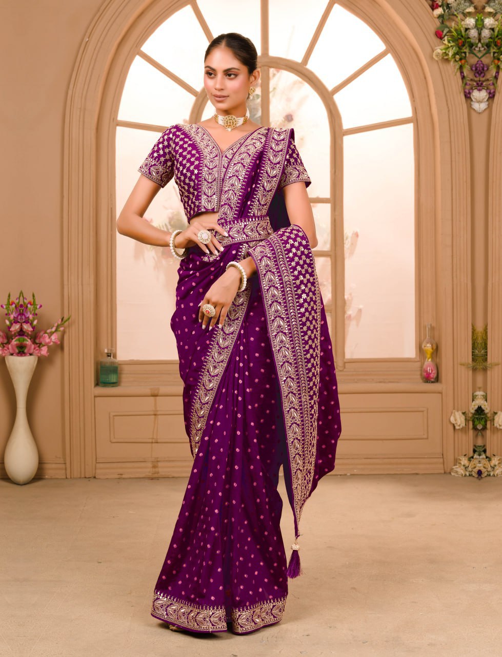 WINE COLOUR ZARI SEQUENCE WORK DESIGNER SAREE WITH BLOUSE - Image 2
