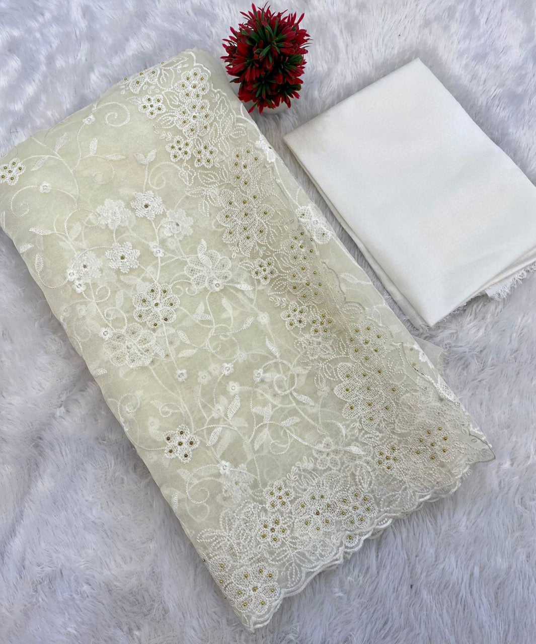 Pure soft Off-white silk organza saree - Image 8