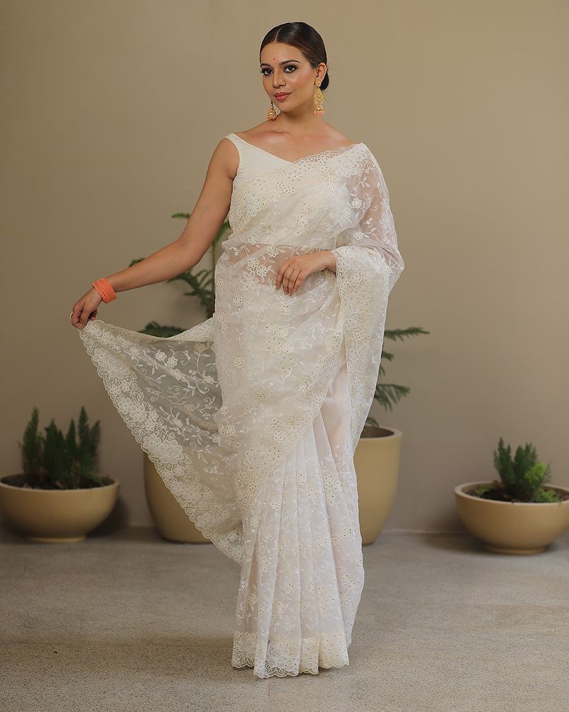 Pure soft Off-white silk organza saree - Image 4