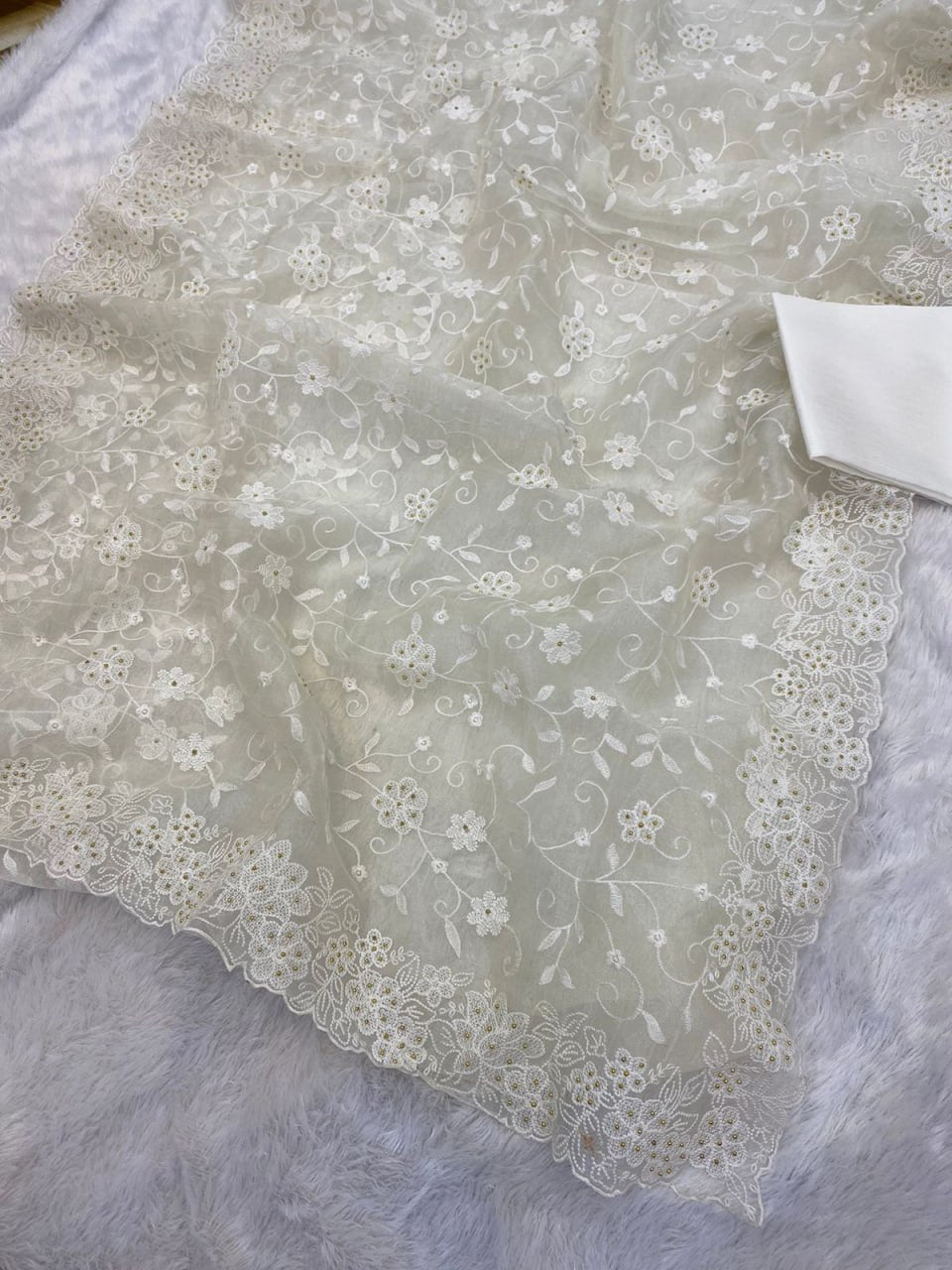 Pure soft Off-white silk organza saree - Image 6
