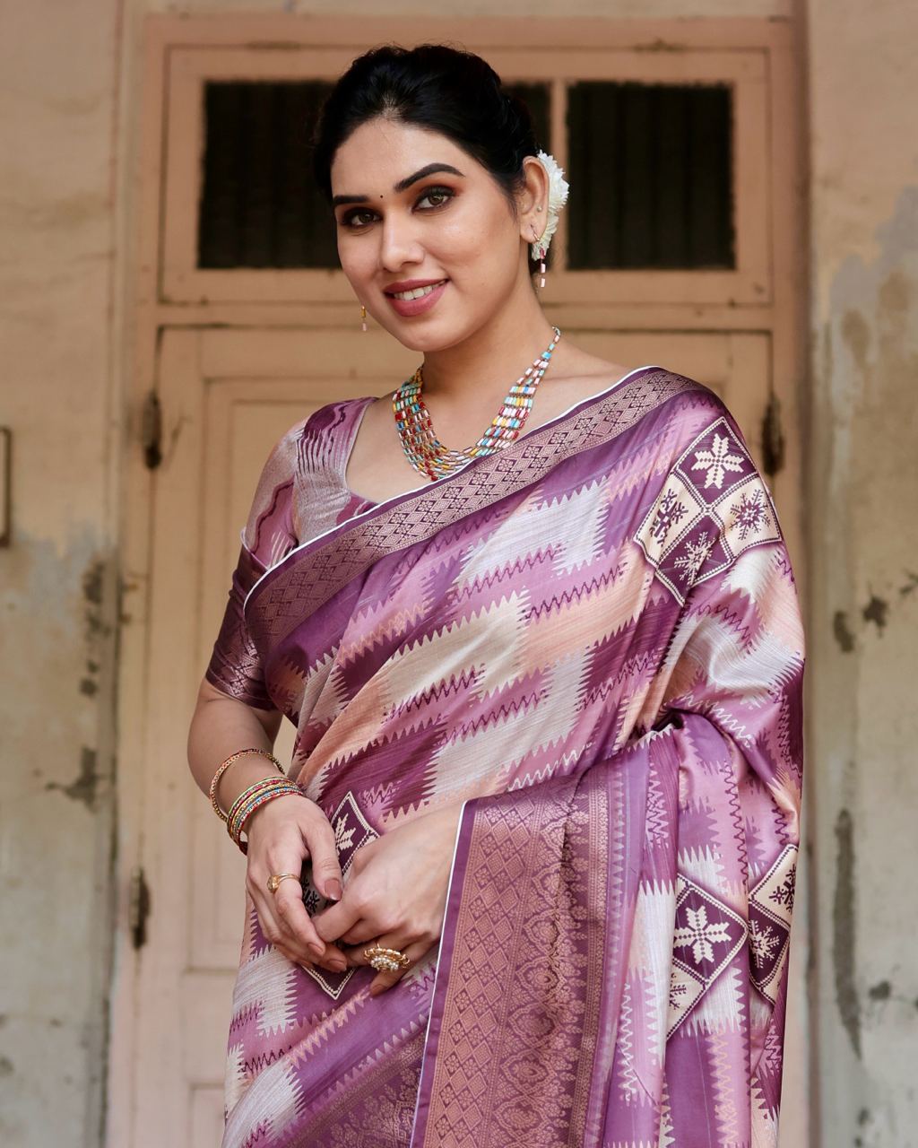 Wine Color Digital Print Dolla Silk Party Wear Ethnic Saree With Blouse - Image 2