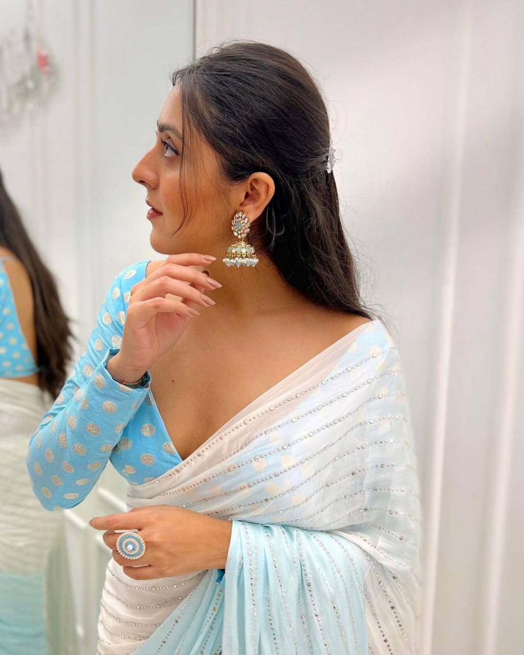 White and skyblue shaded georgette work designer saree