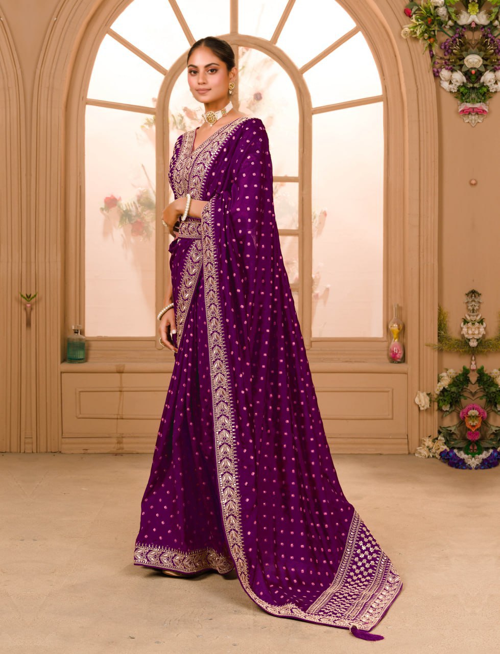 WINE COLOUR ZARI SEQUENCE WORK DESIGNER SAREE WITH BLOUSE - Image 3