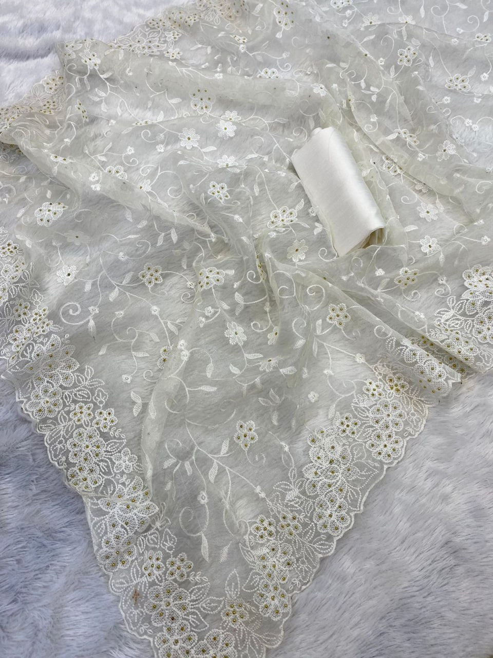Pure soft Off-white silk organza saree - Image 9