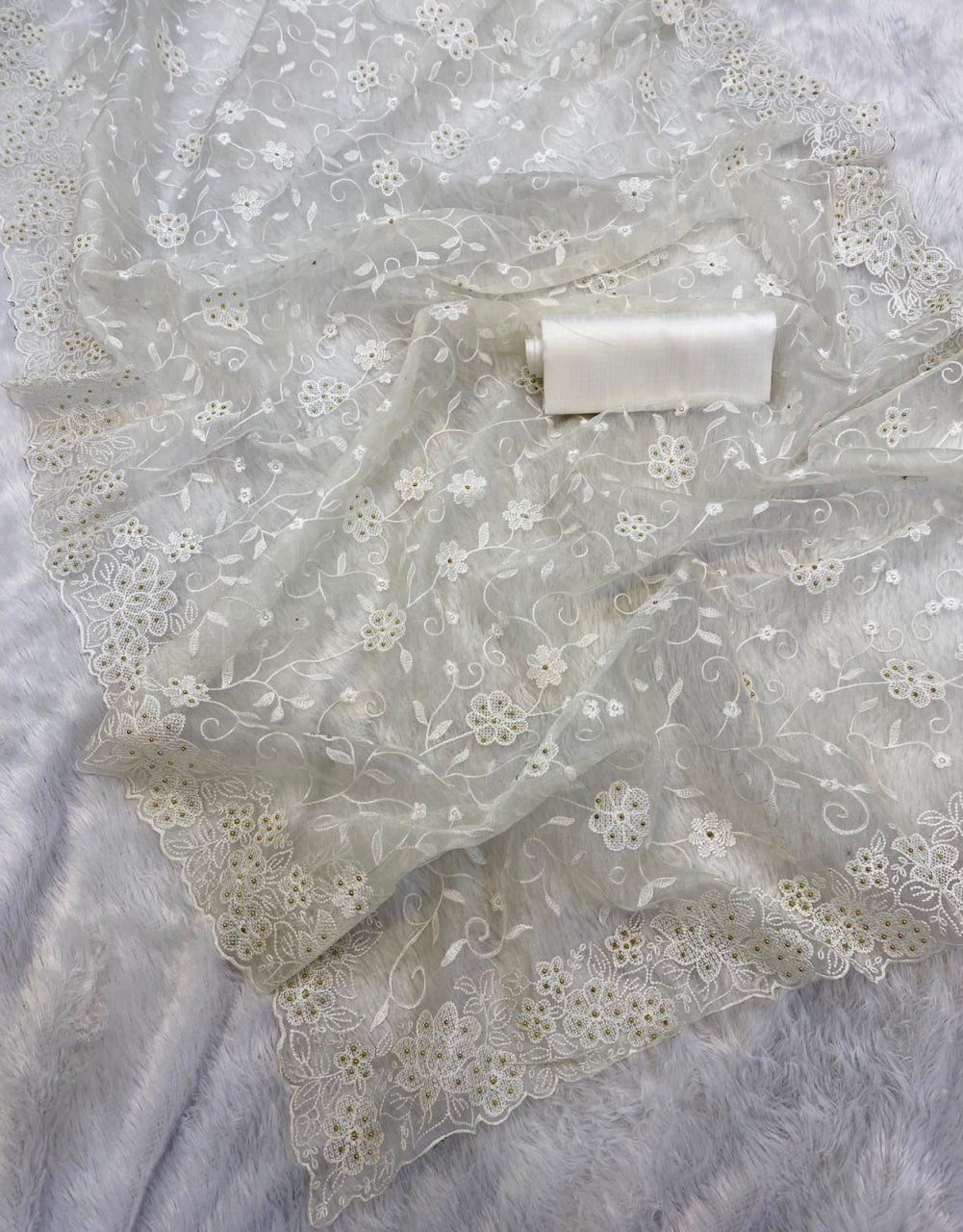Pure soft Off-white silk organza saree - Image 2