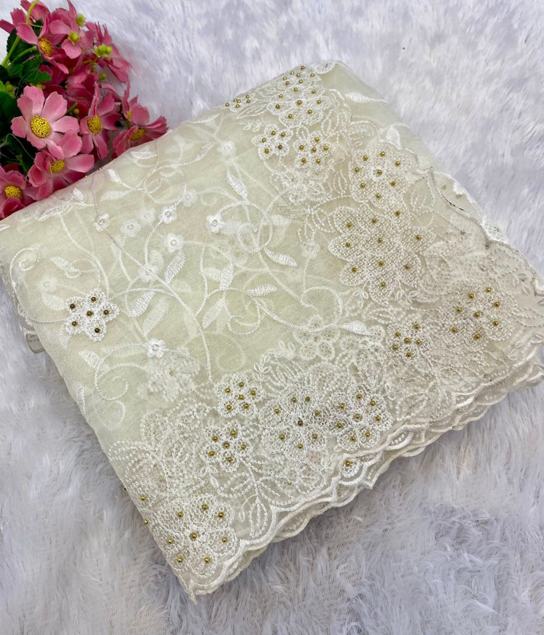 Pure soft Off-white silk organza saree - Image 7