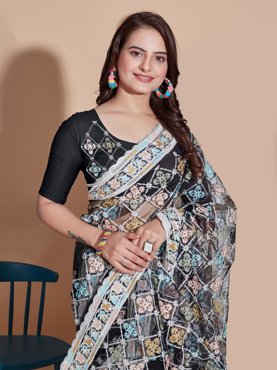 Beautiful Designer Saree on Soft Butterfly Net fabric - Image 2