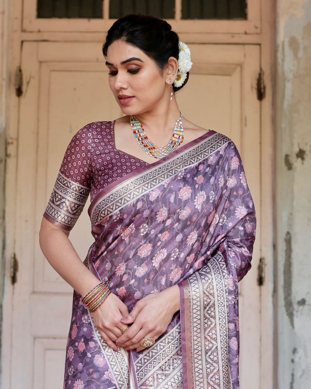 Pure Silk Saree With Digital Print and Blouse in Wine Indian Silk Saree - Image 6