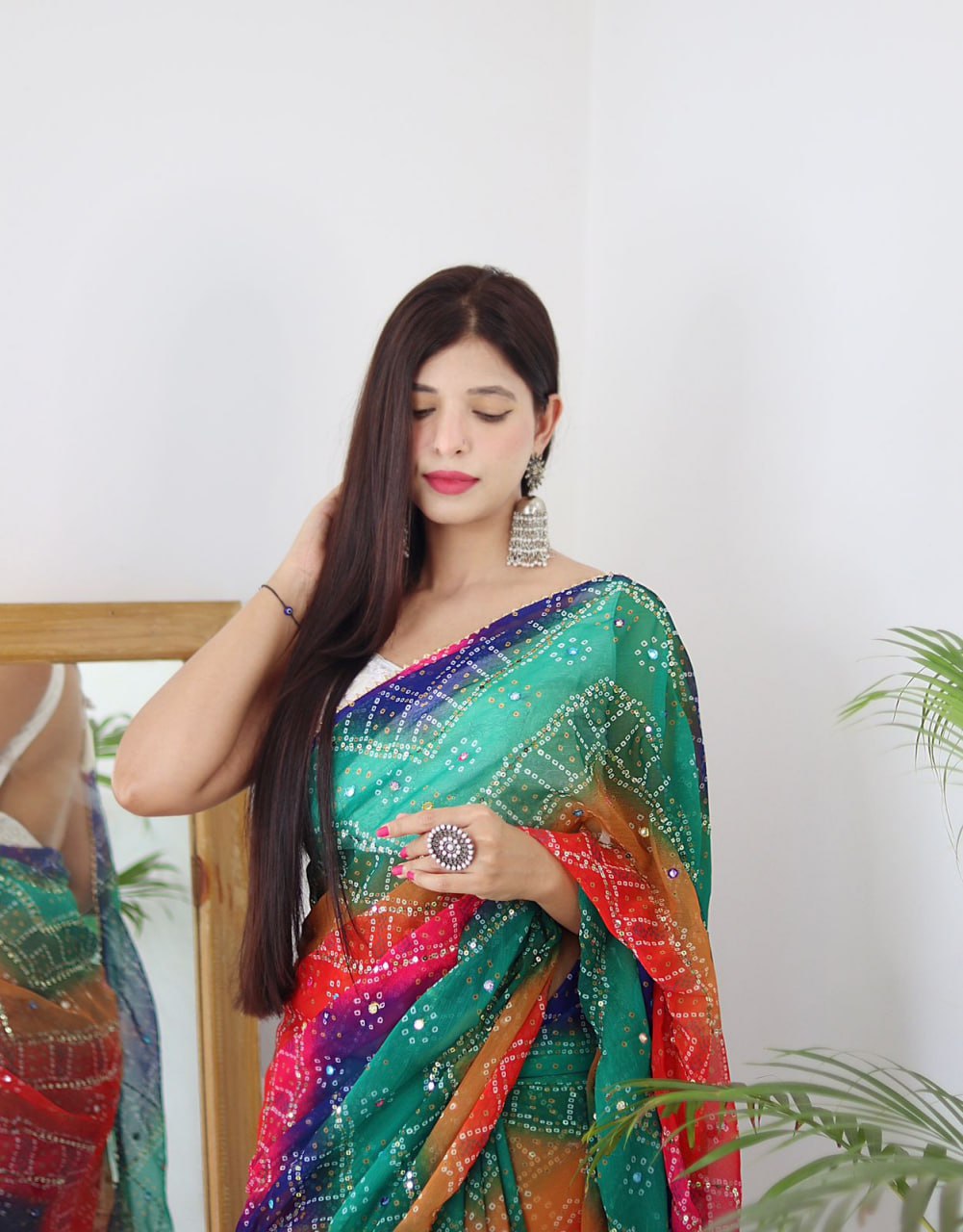Soft Moss Chiffon Saree with Beautiful Multicolour Bandhani Print & Sequence with Mirror Work All over in Saree