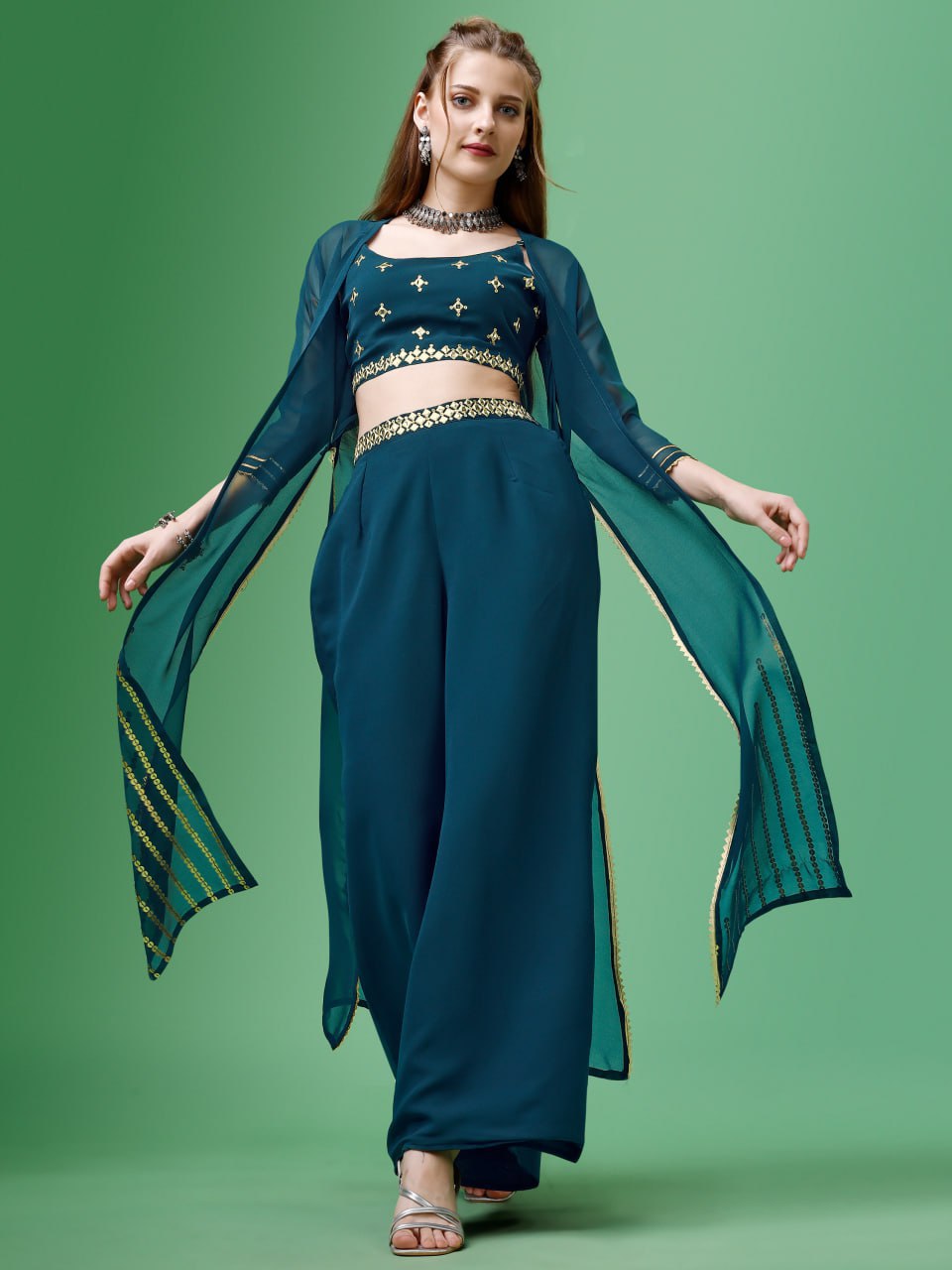 Embroidererd Top & Palazzos with Jacket - Image 7