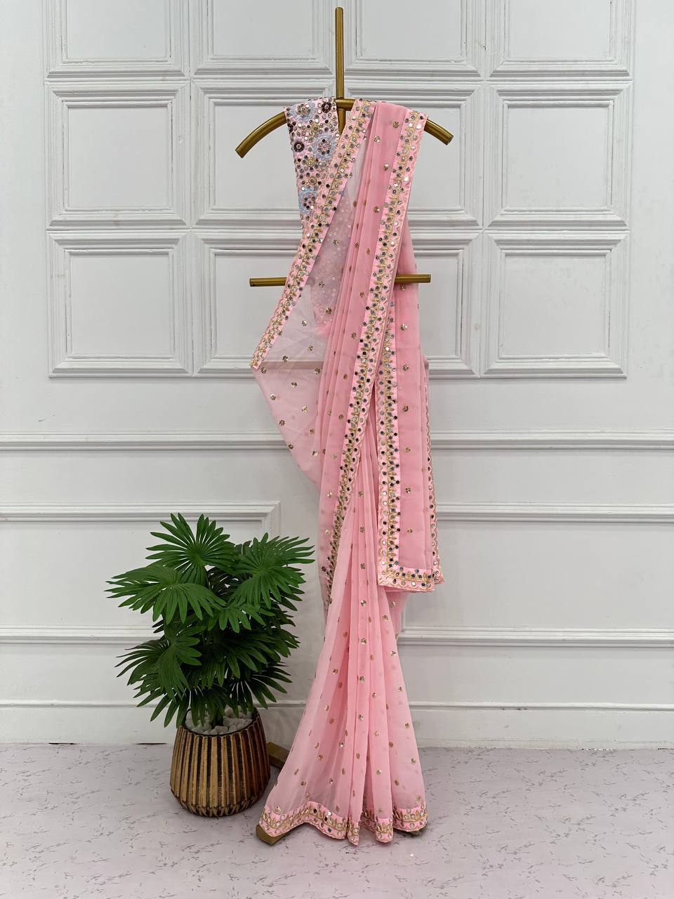 Khushi kapoor pink georgette sequence mirror work designer bollywood saree - Image 5
