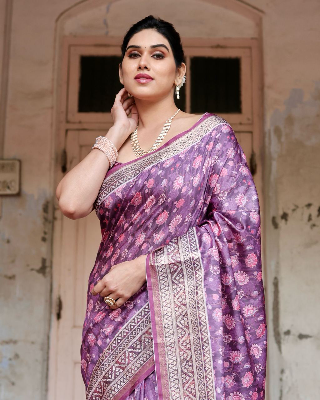 Pure Silk Saree With Digital Print and Blouse in Purple Indian Silk Saree - Image 7