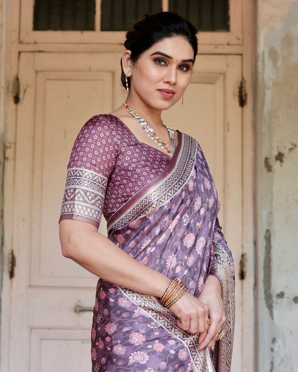 Pure Silk Saree With Digital Print and Blouse in Wine Indian Silk Saree