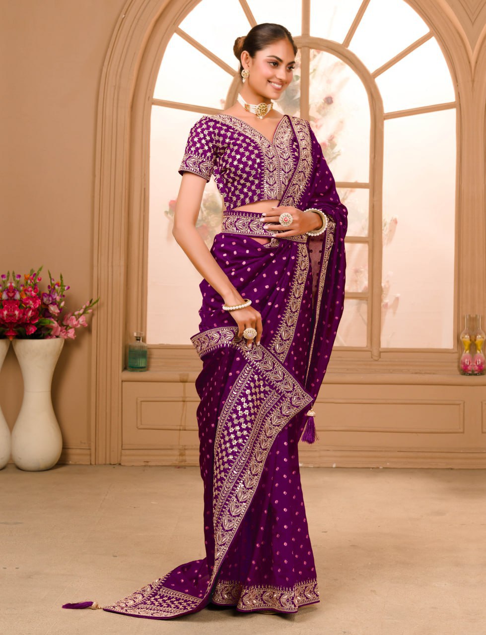 WINE COLOUR ZARI SEQUENCE WORK DESIGNER SAREE WITH BLOUSE - Image 5