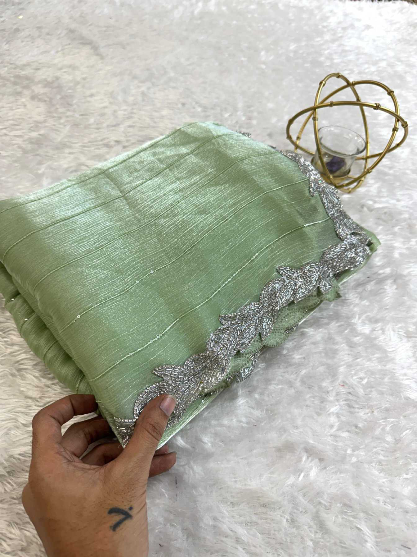 Primium Barbari Jimmy Chu With Weave Sequnce Stripes And Pure JARKAN Handcraft Lace Border And Diamond in Sareee