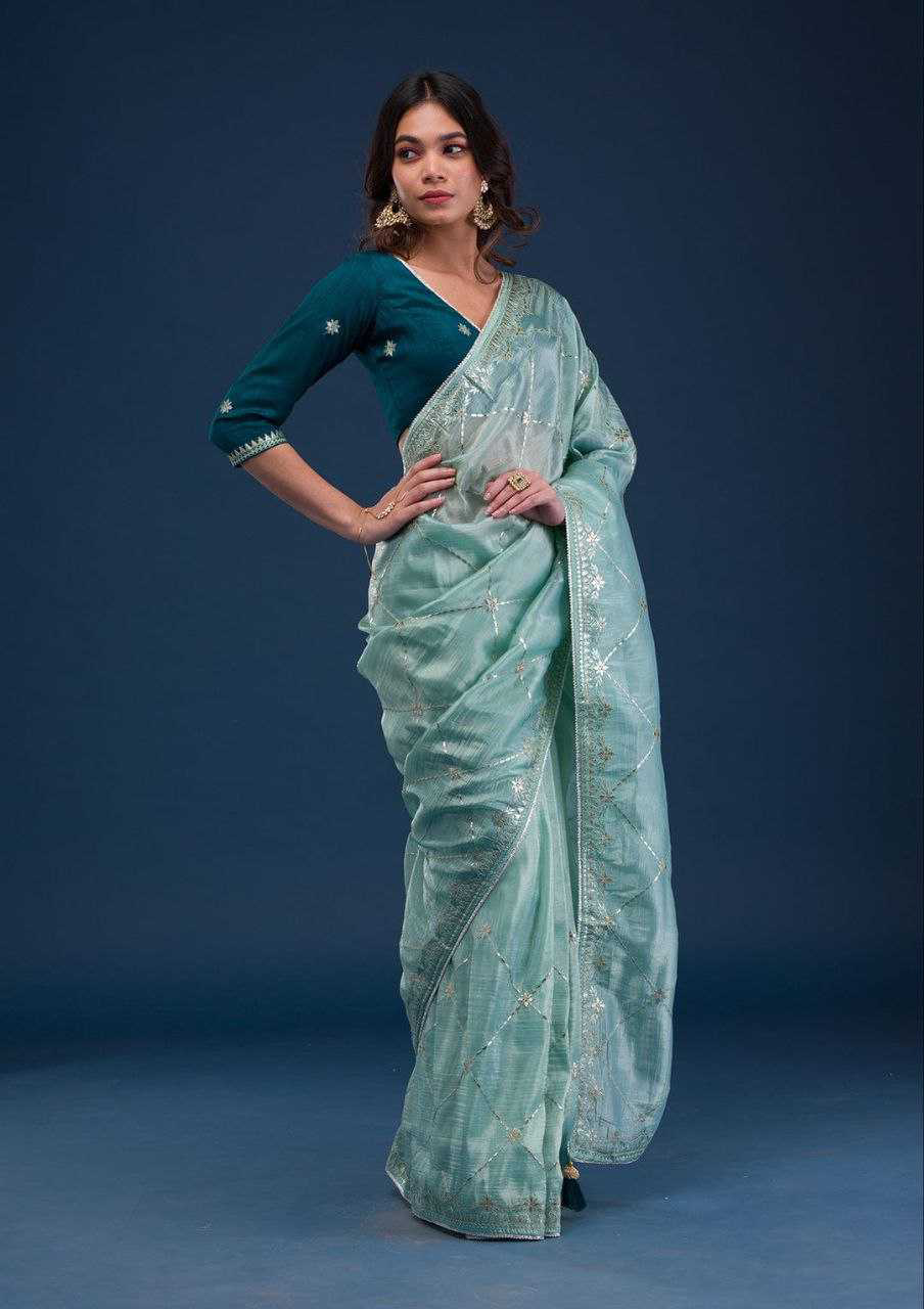 Sky Jimmy Choo Saree With Zari Embroidery Lace Border and Blouse