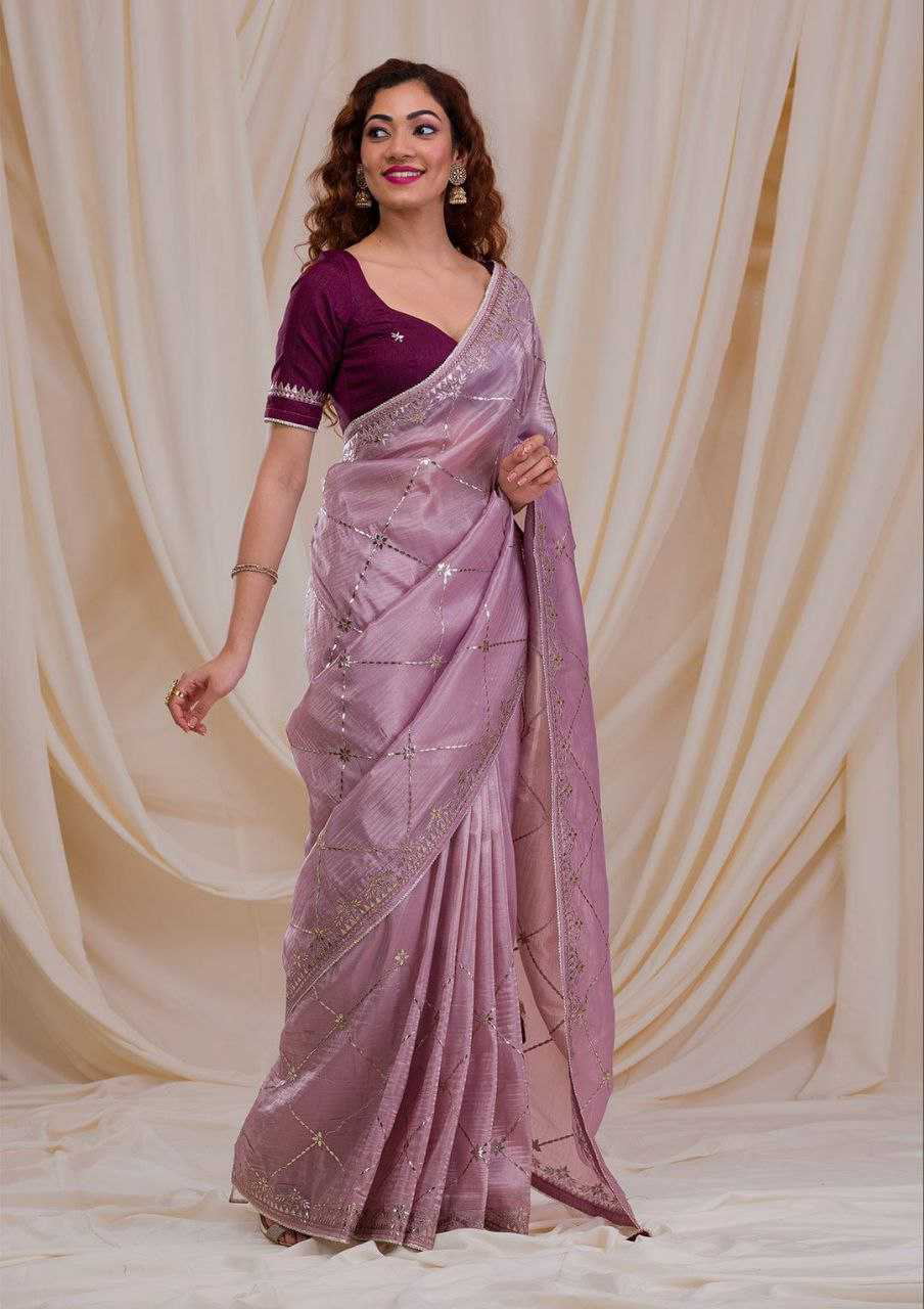 Lavender Jimmy Choo Saree With Zari Embroidery Lace Border and Blouse